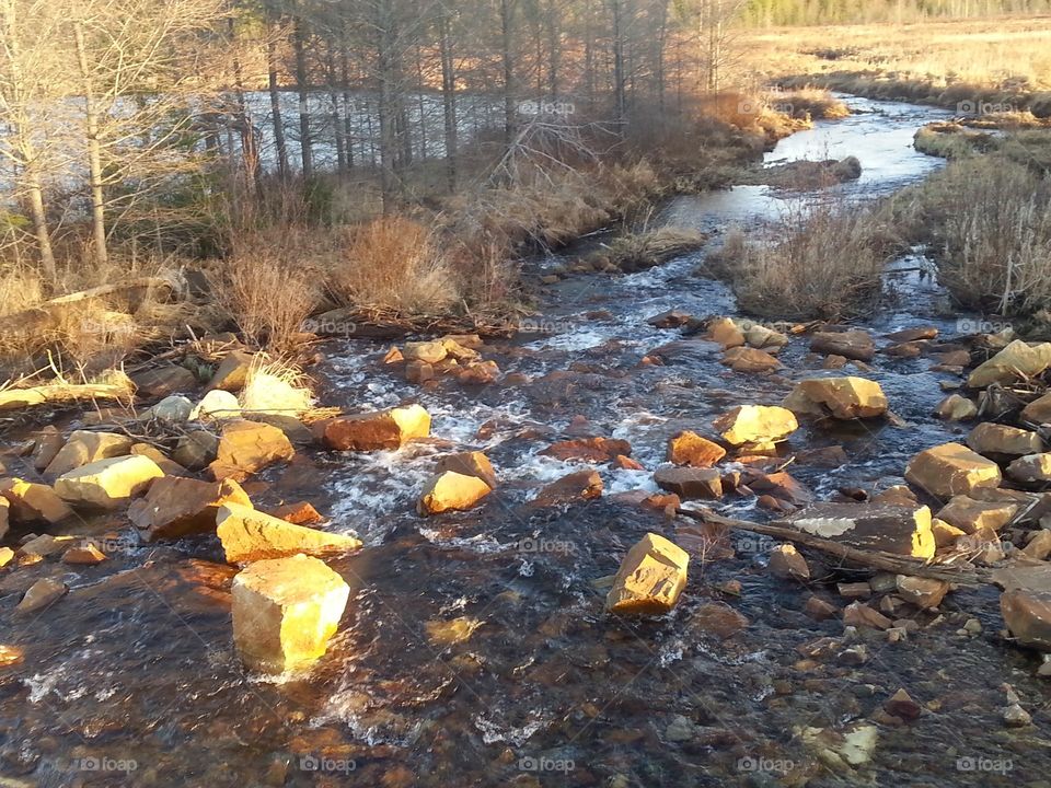While on an evening hike . at sunset by the shiny stream 