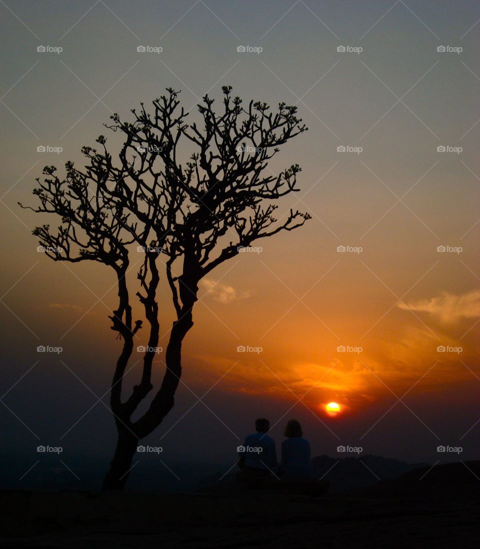 Silhouette of tree and couple at sunrise