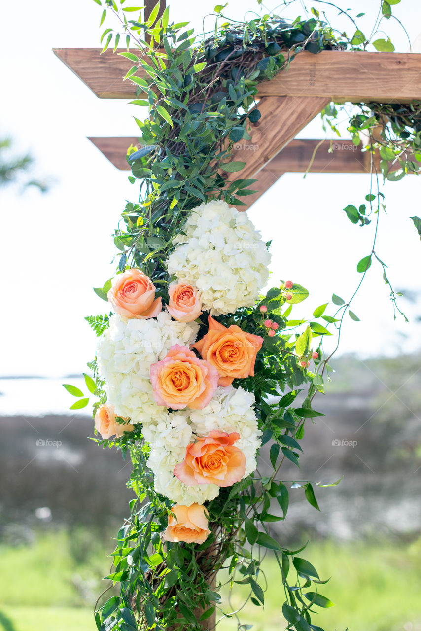 Wood Wedding Arch, with white and Orange Hydrangeas