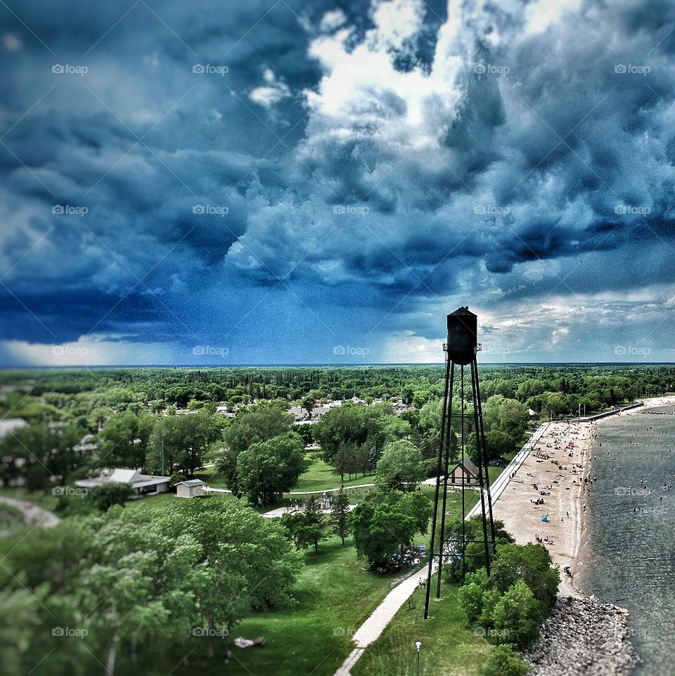 Storm clouds coming in over the beach water tower