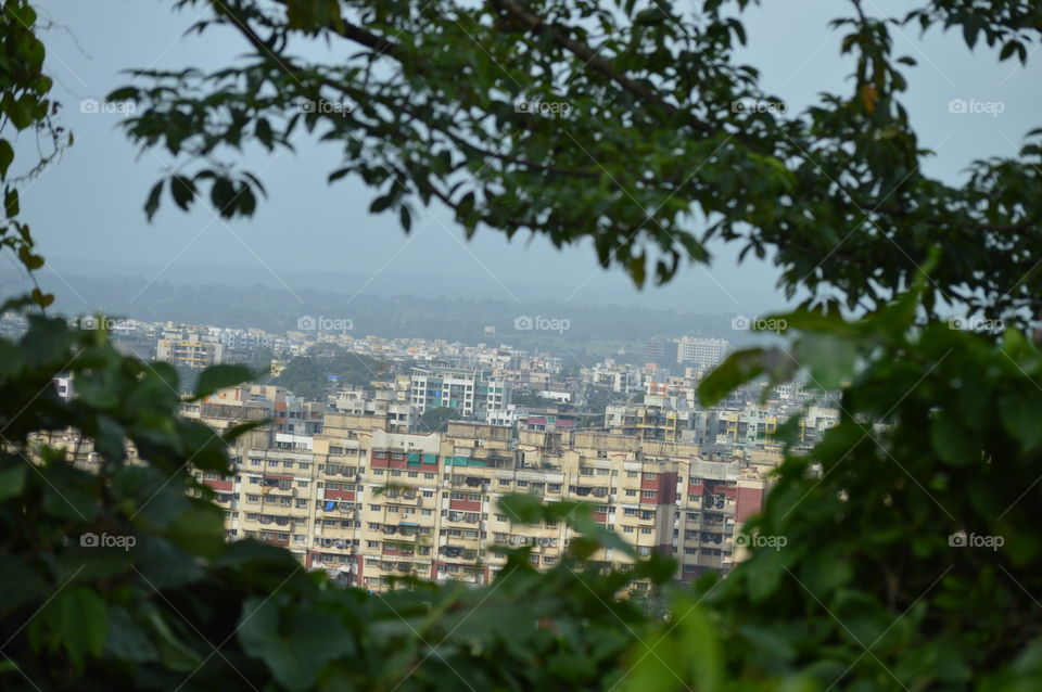view of urban forest from green forest .. pic is clicked from top mountain capturing entire city