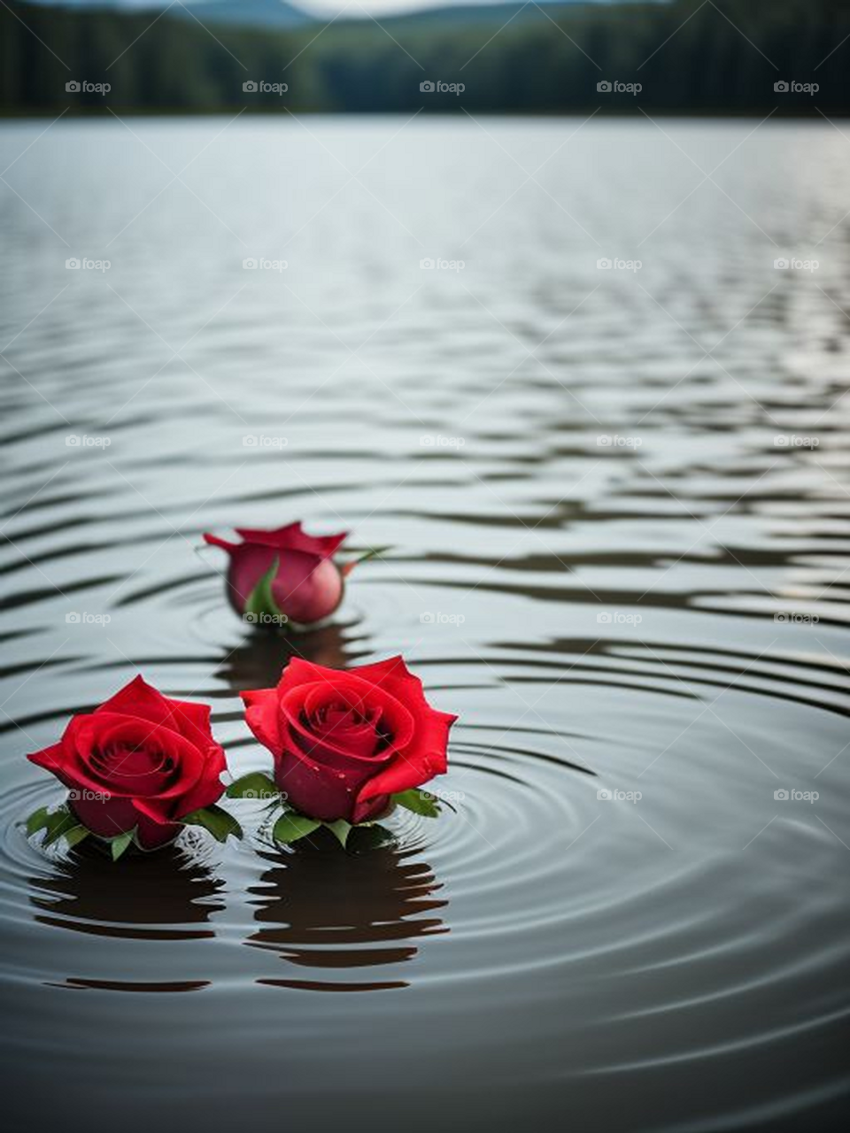 Beautiful red roses in the middle of the water