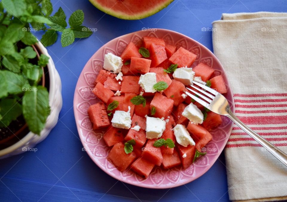 Overhead view of watermelon salad in plate