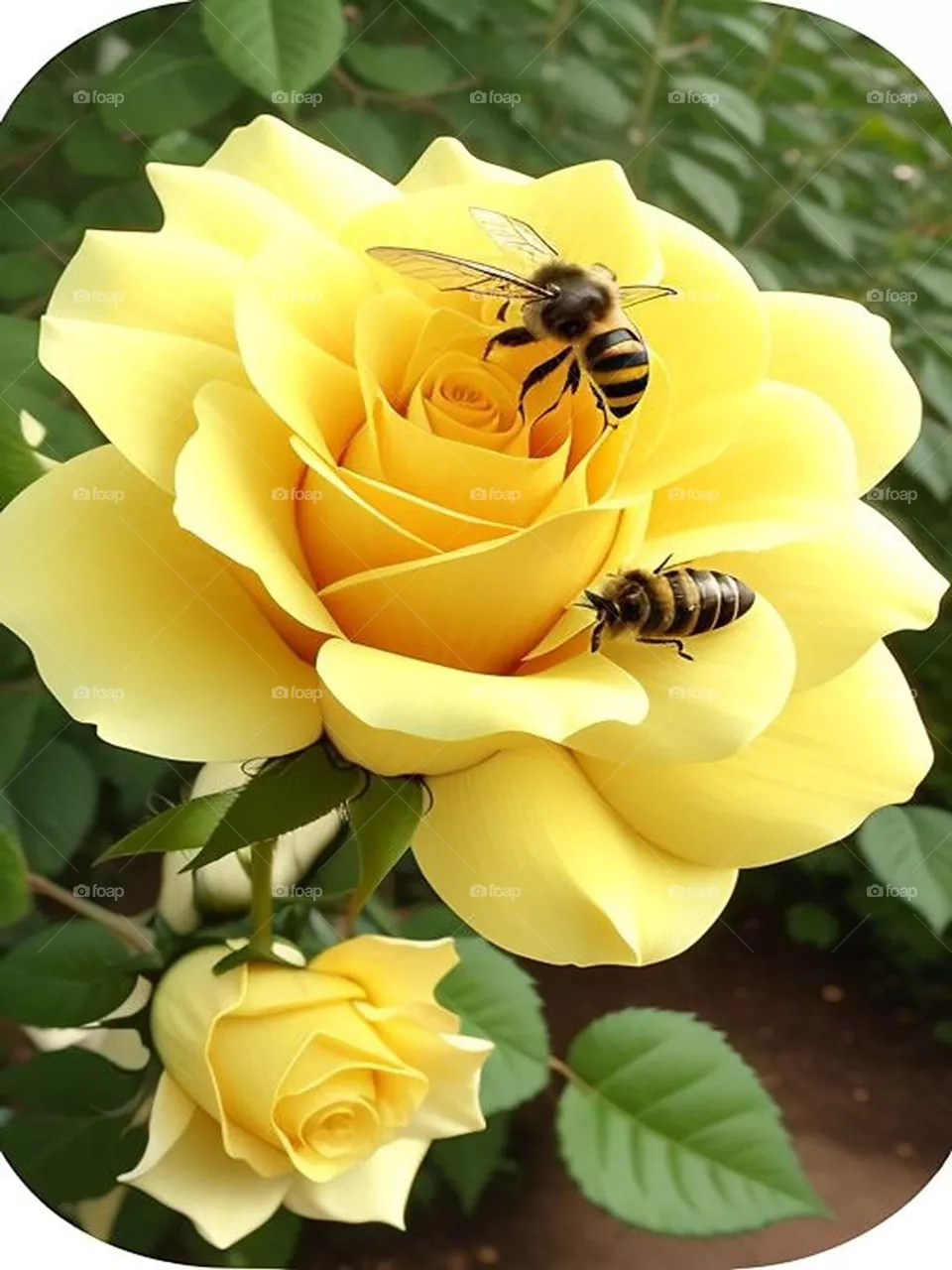 Bee over a beautiful yellow rose