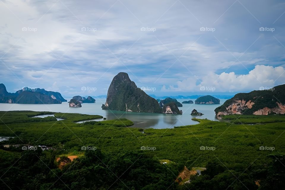 The view from high above the island, sea and mountains is very beautiful.