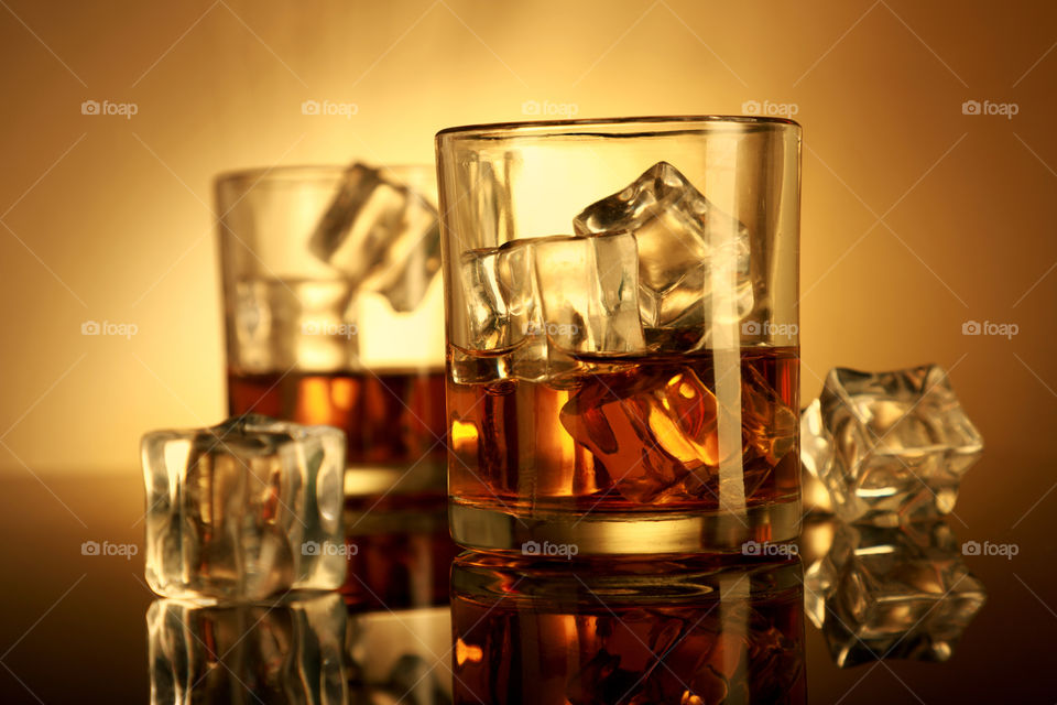 Chilled Whiskey glasses with ice cubes