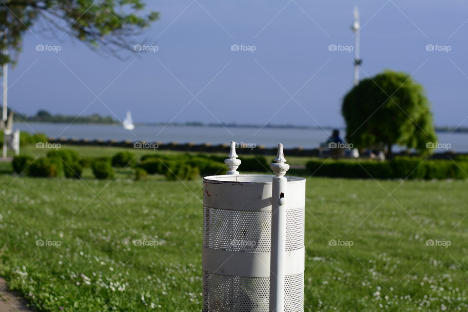 Garbage can in park Palic near lake