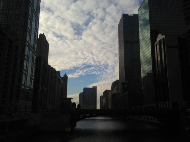 sky clouds buildings river by mengzishiliu