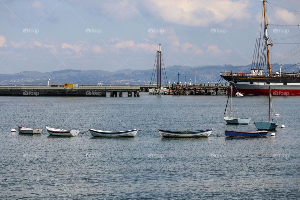 Line of row boats in the San Francisco Bay, almost like a momma duck and her chick swimming through the water.