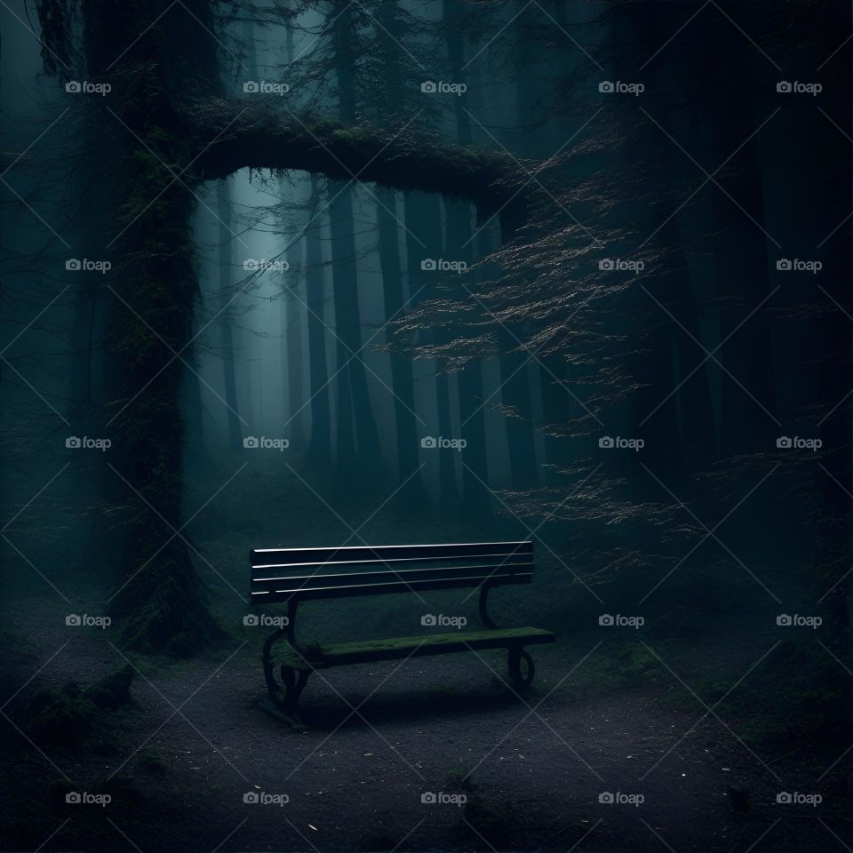 a bench sitting in the middle of mysterious dark forest