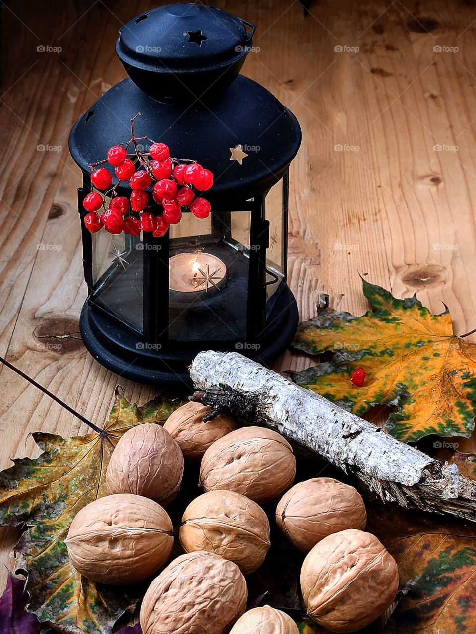 Composition.  Walnuts lie on colorful autumn leaves.  Birch branch.  In the background is a black lantern with a lit candle.  On top of the lantern lies a bunch of red rowan