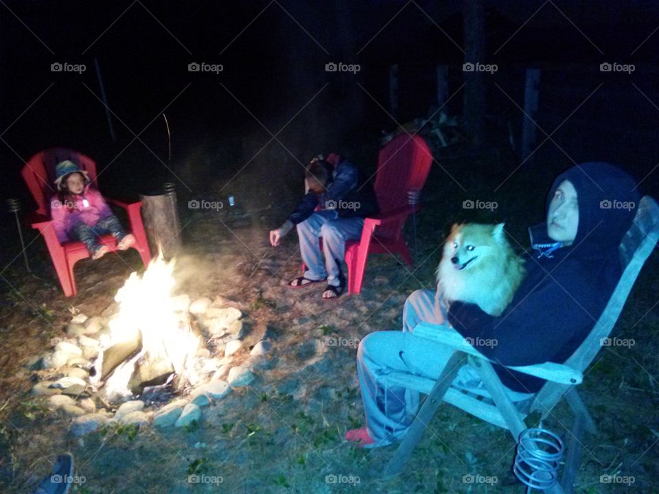 Campfire . Three people sitting around a campfire with a small dog 