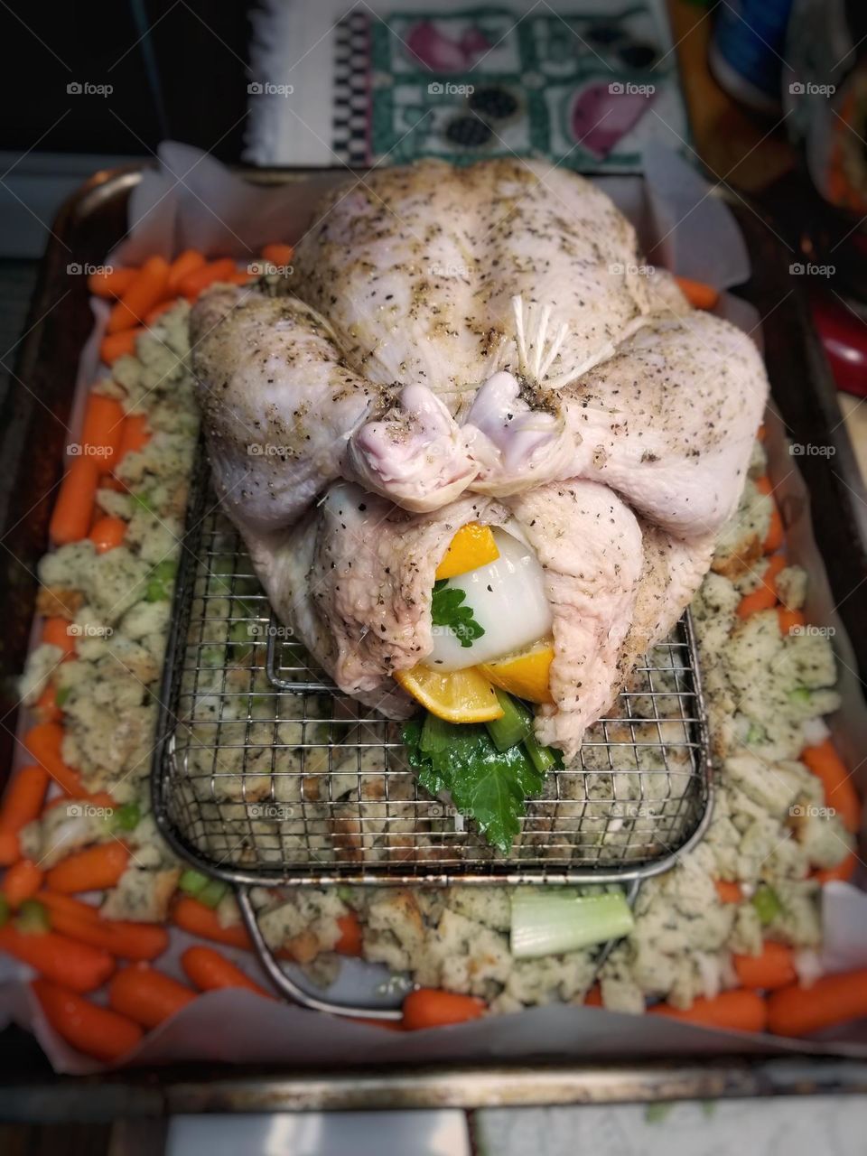 Raw Chicken & Dressing Ready for the Oven to be Roasted