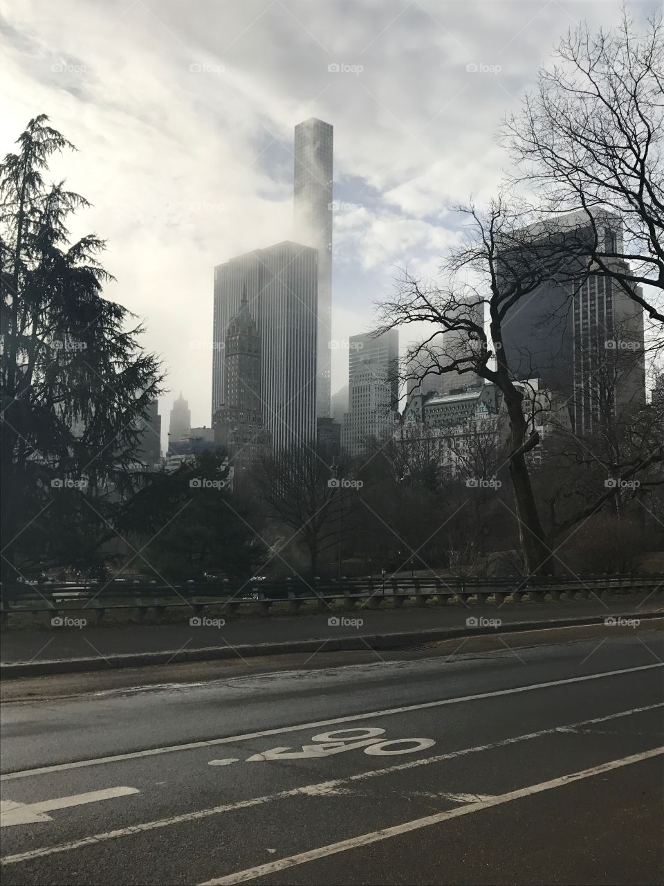 Buildings behind the fog, NYC, Central Park 