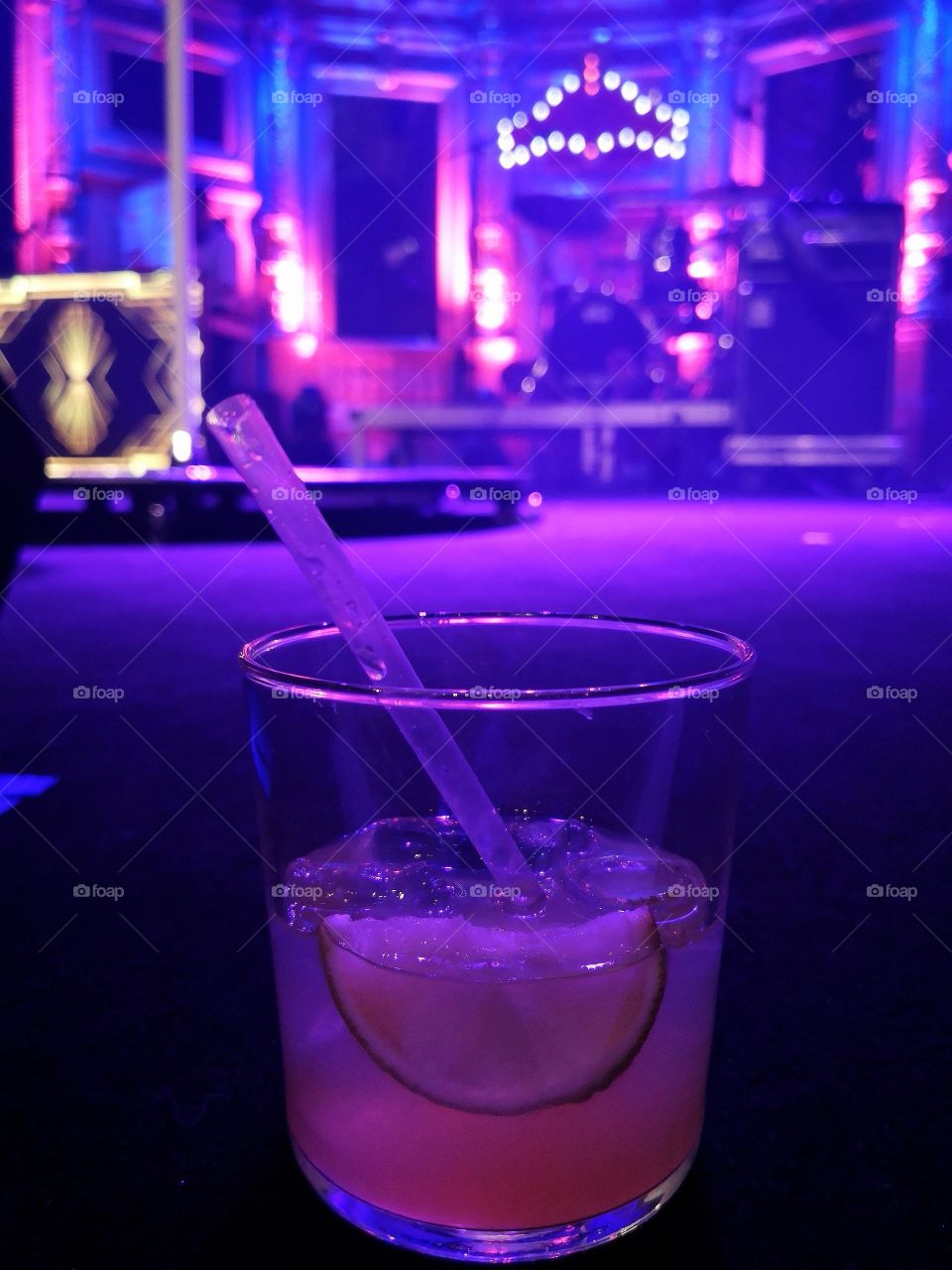 A glass with liquid.