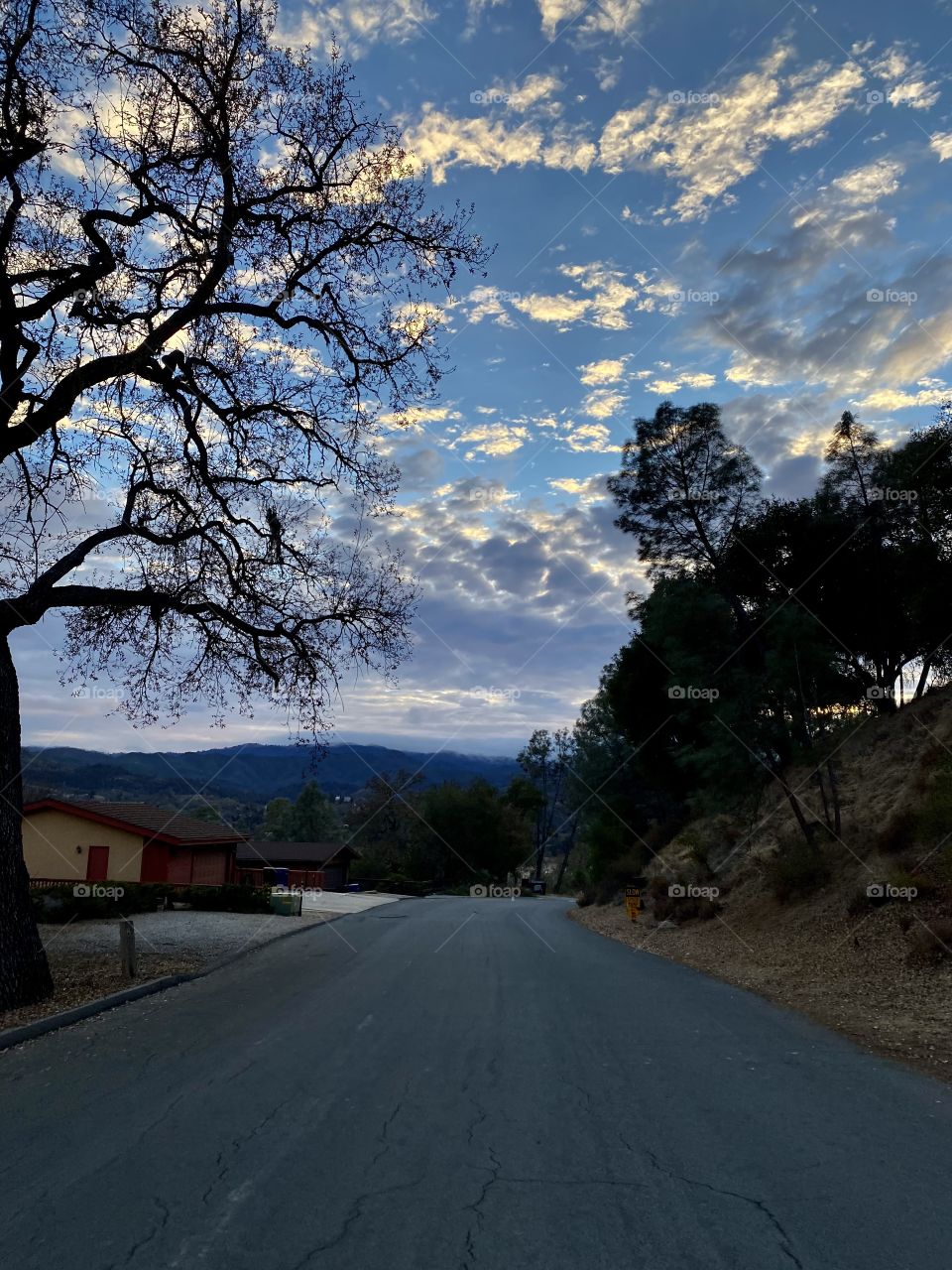 Beautiful sunset on Saddle Way Street by Lake Nacimiento California 