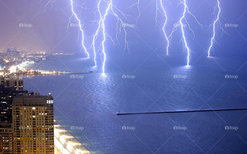 Storm, Lightning, City, Light, Water