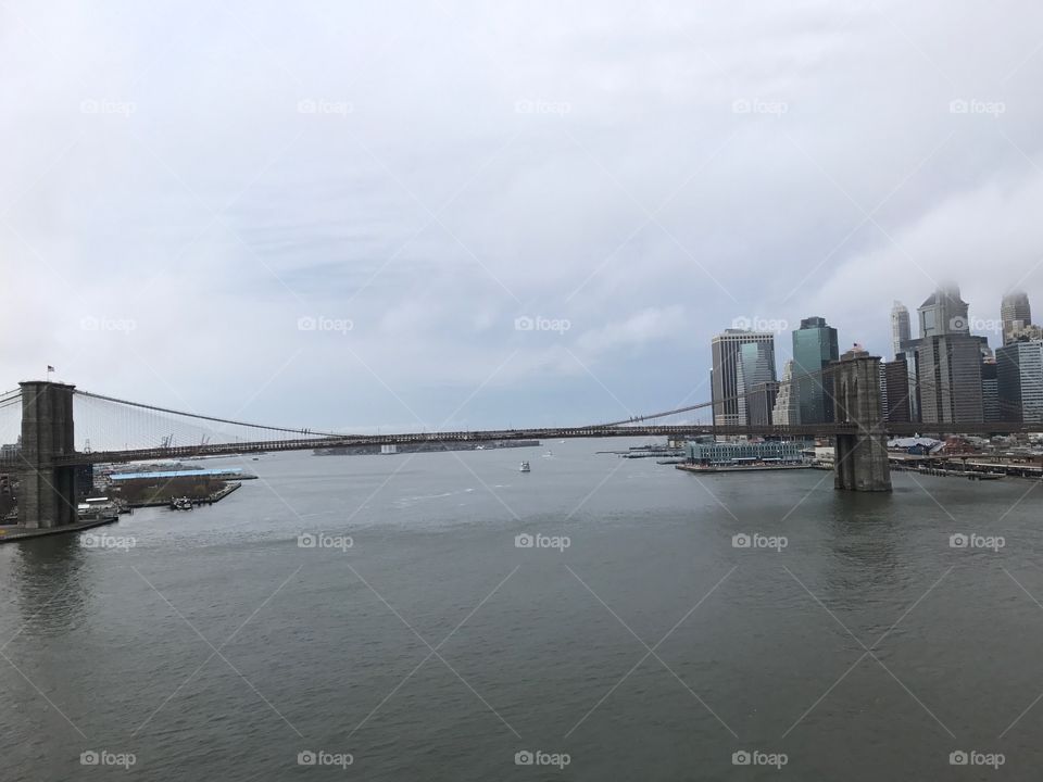 View on Brooklyn bridge , New York harbor, and Lower Manhattan, NYC