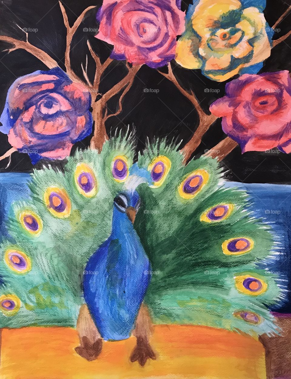 “Sit Pretty” watercolor still life painting with peacock plushy