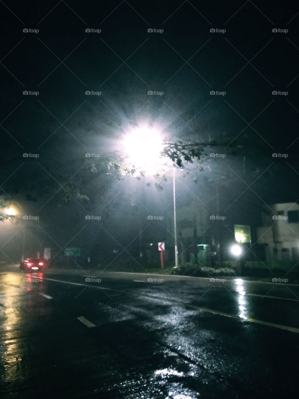 light Street lamp wet road raining storm strong wind