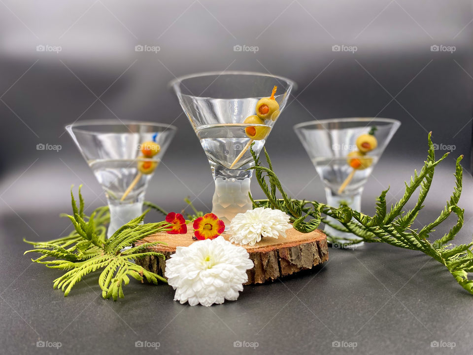 Studio shot of martini cocktails with olives