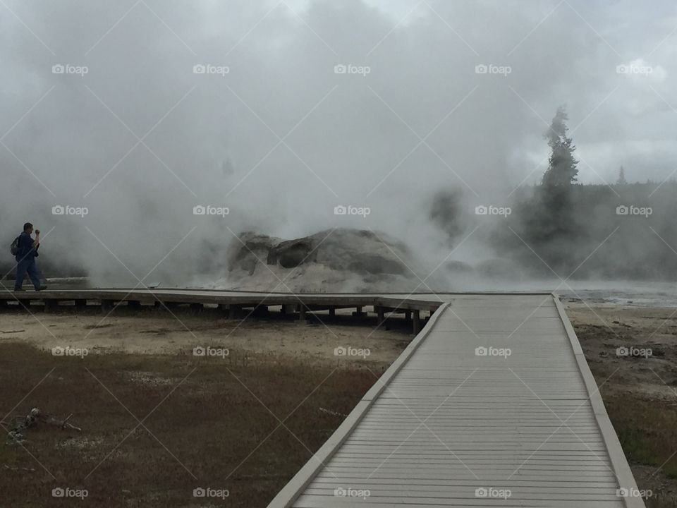 Misty boardwalk at Yellowstone national park