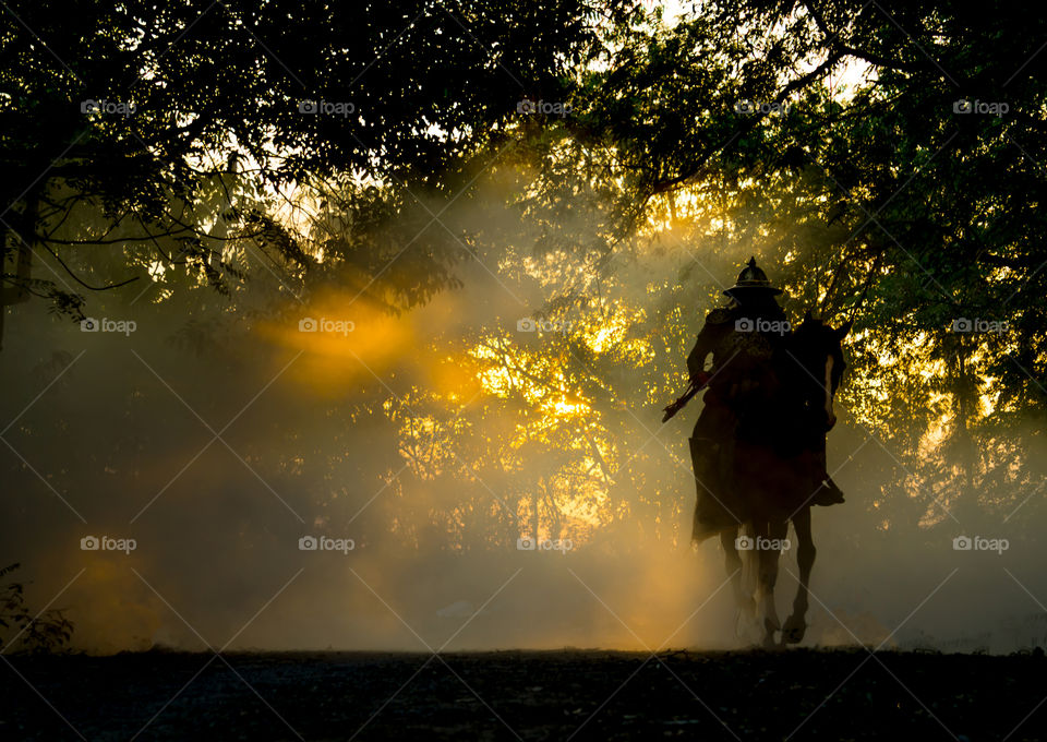 Silhouette of warrior riding horse 