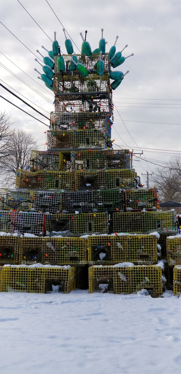 This Christmas Tree is made of lobster pots and lobster pot buoys. This is the famous tree that is recreated every year on Main St., in Chatham, on Cape Cod, MA. This Cape Cod town has been a fishing, shellfishing, and lobstering community for two hundred years.