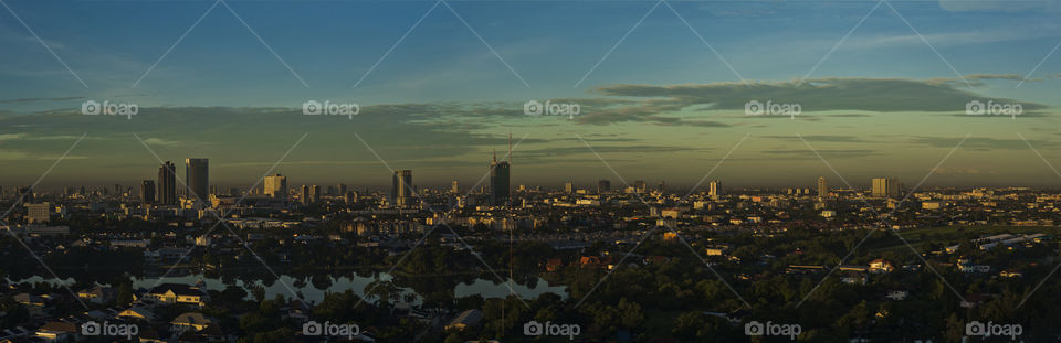 Panoramic cityscape high angle view from above pof Bangkok suburbs. High resolution 37mpx