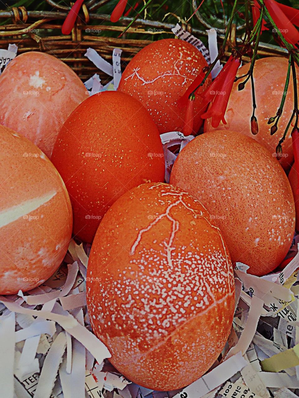 Basket of colored Easter eggs.