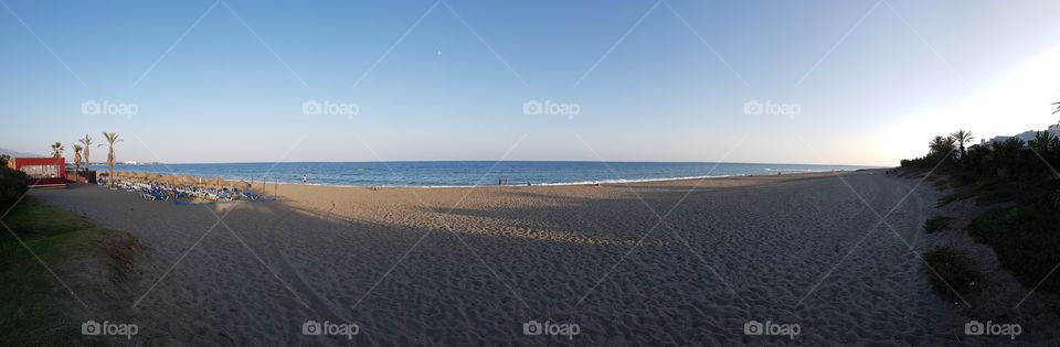 Panoramic view of the beach outside our hotel in Spain.