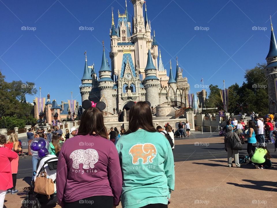 Beautiful photo of two girls facing Cinderella's Castle at Disney World 