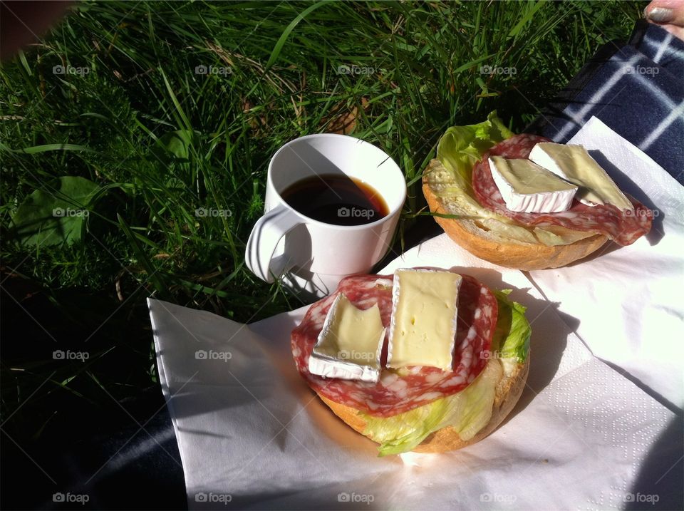 Picnic with coffee and sandwiches outdoors on a blanket in the grass.