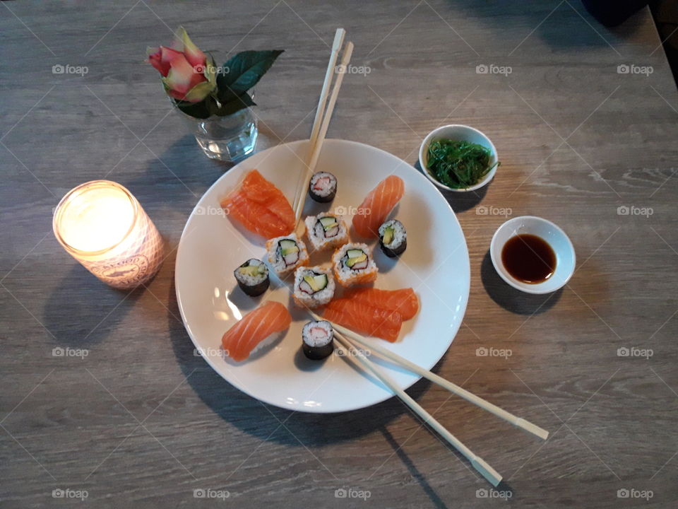 Healthy sushi dinner at restaurant.