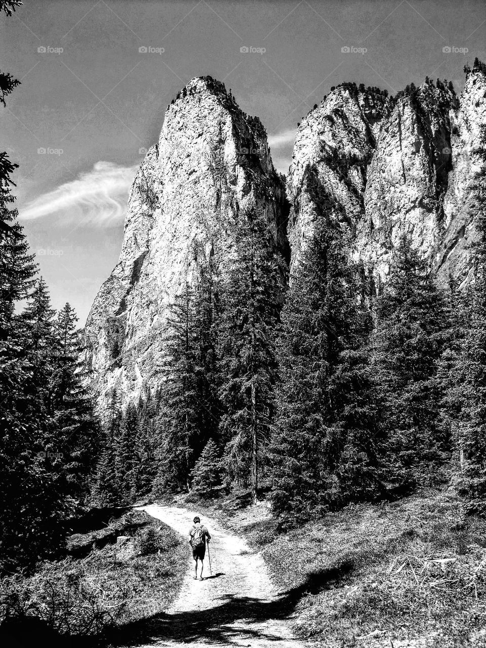 Black and white landscape of Vallunga Valley in Selva Gardena in the Italian Dolomites