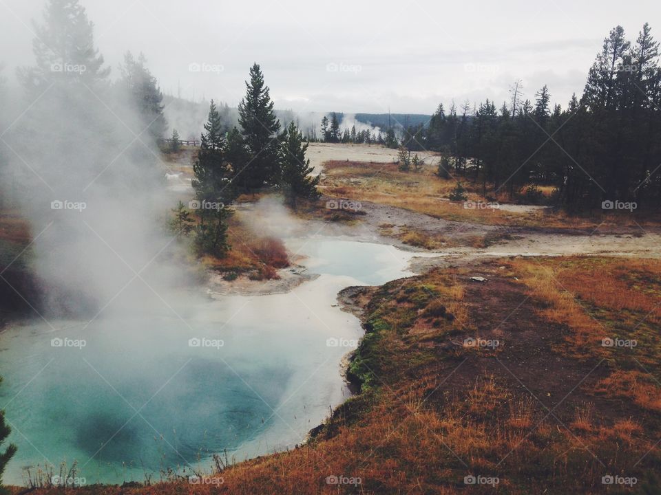 View of hot spring in lake