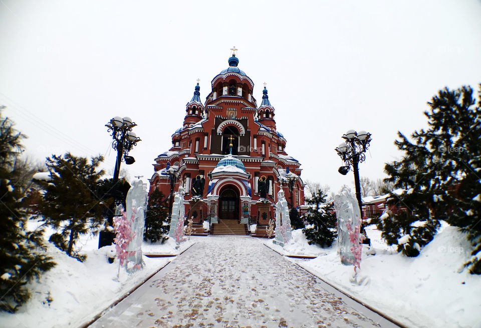 The Church in Irkutsk, Russia with great classic Russian architecture. Outside there looks colorful but inside was so peaceful.
