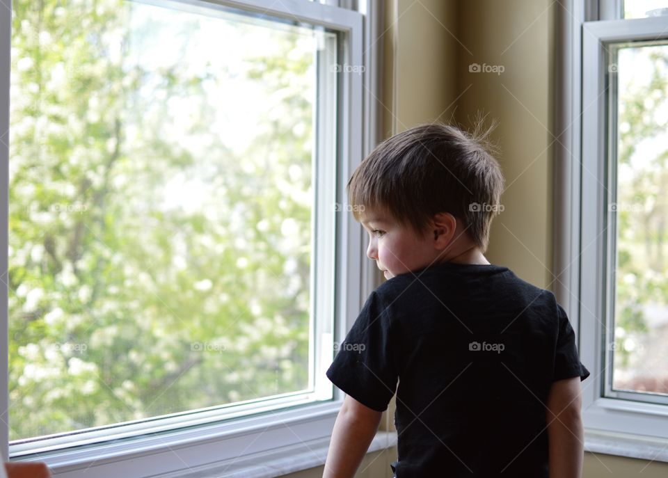 Young boy looking out of the window of a home