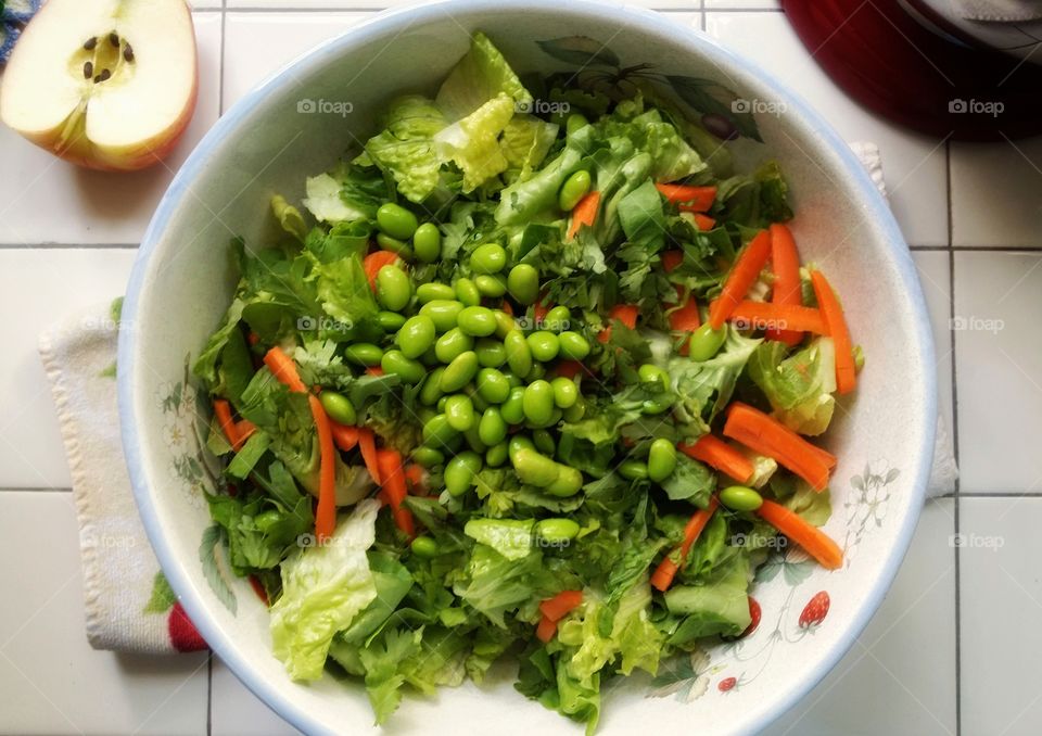Salad with Cilantro, Butter and Romaine Lettuce, Carrots, Edamame, and Apple