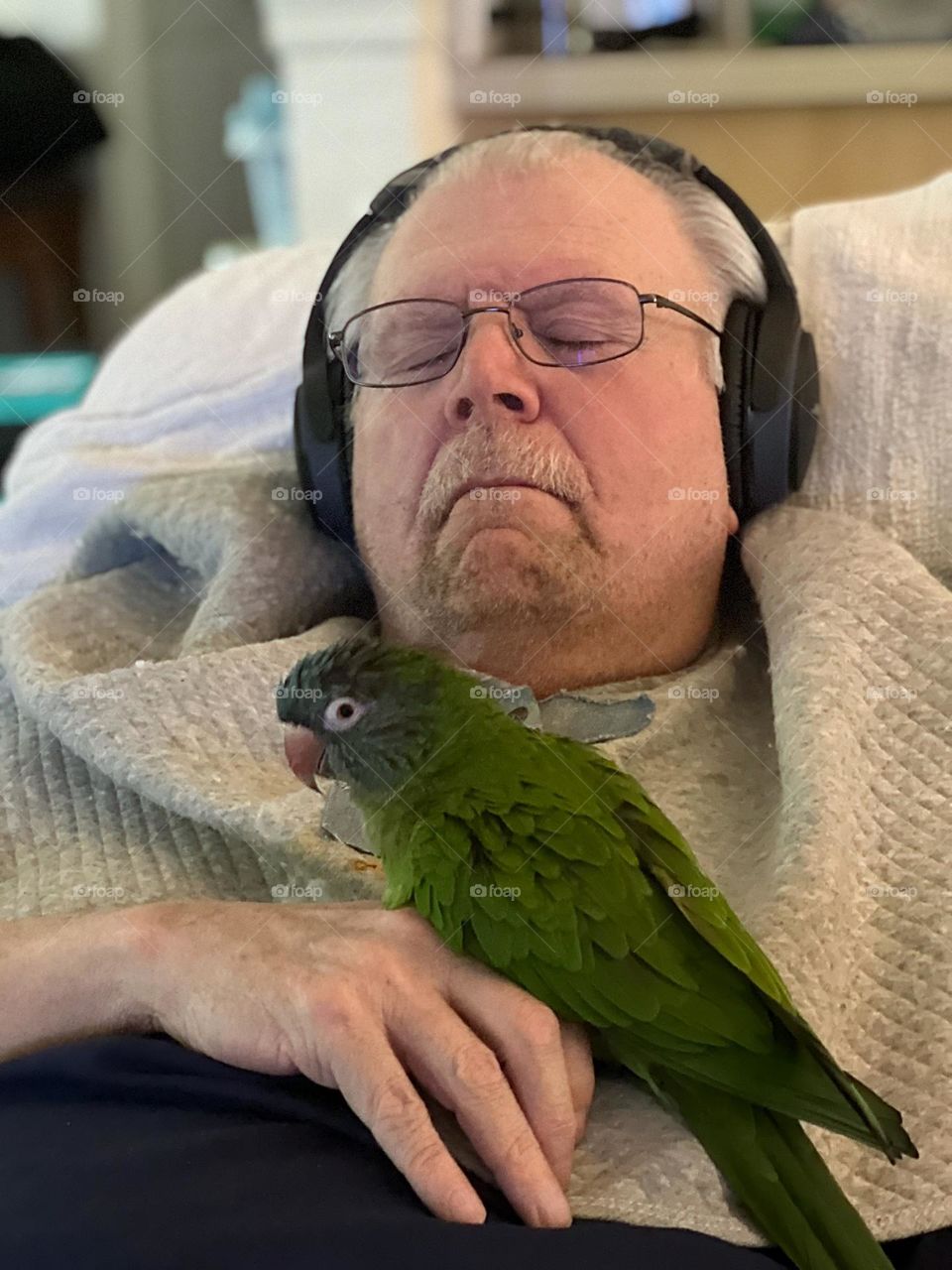 Sleeping man with his loving Parrot.