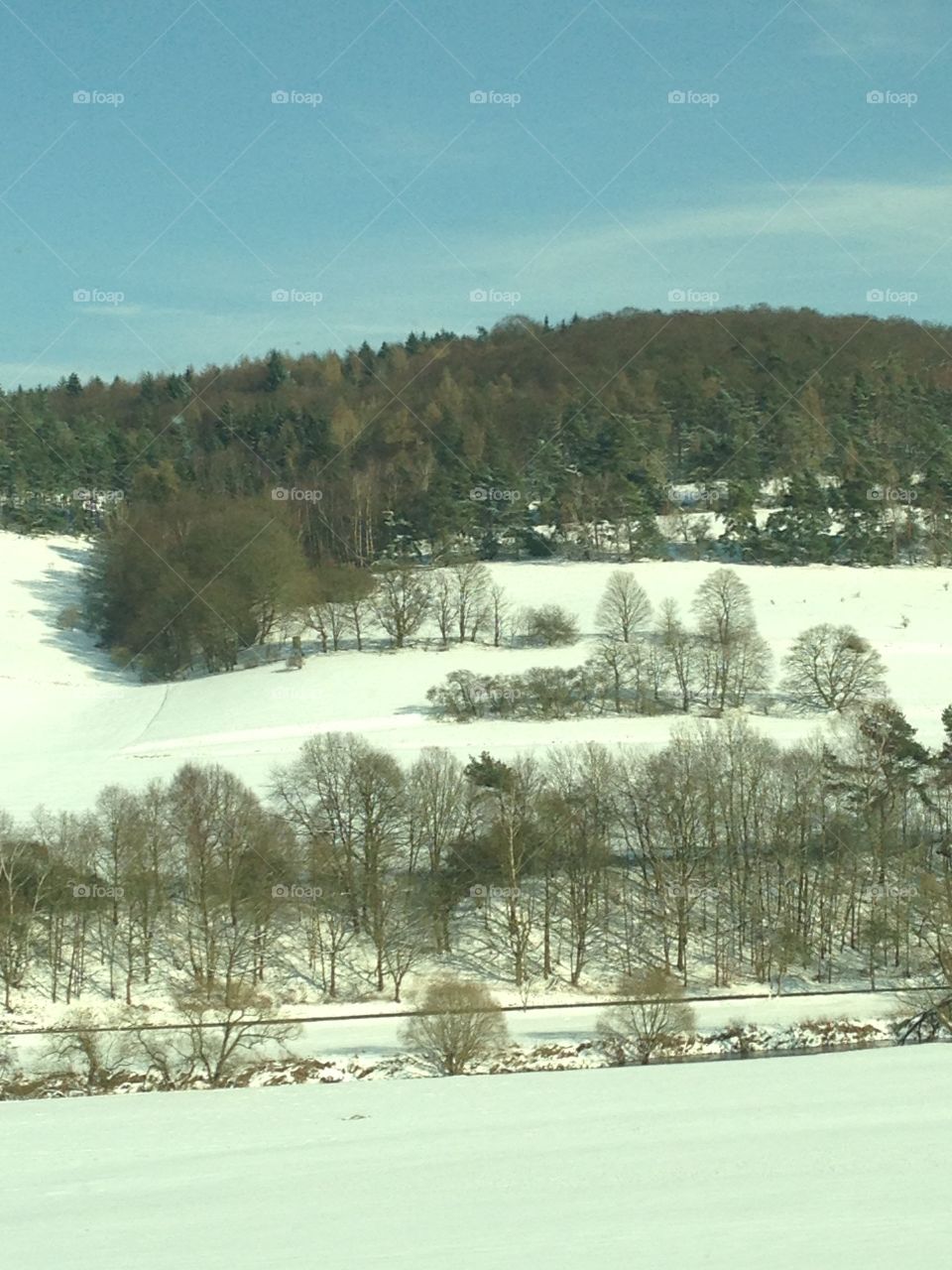 German Landscape. Snowy Landscape taken during a train ride. 