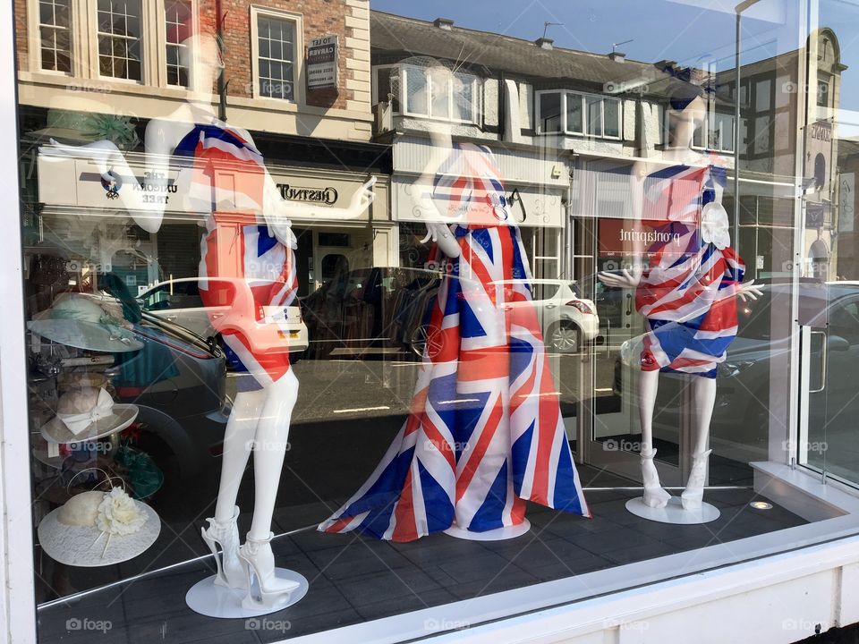 Royal Wedding window dressing .. dummy’s wearing Union Jack clothing .. tribute to the happy couple Prince William and Meghan Markle .. very British .. Good Luck wishes from Darlington 🇬🇧