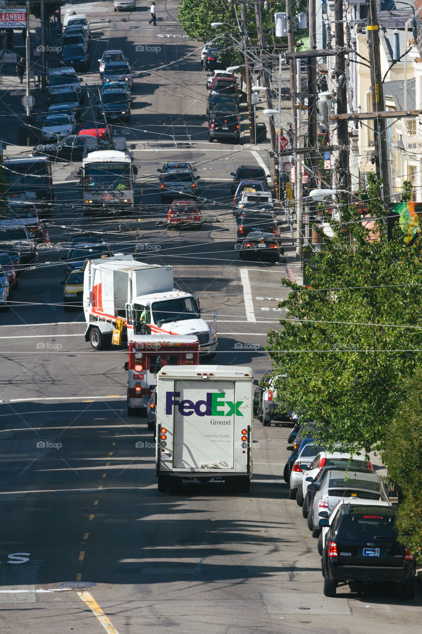 Busy street in San Francisco from a higher hill 