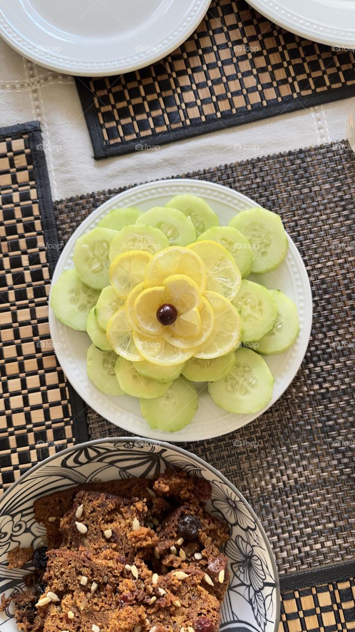 Cucumber with lemon slice decor