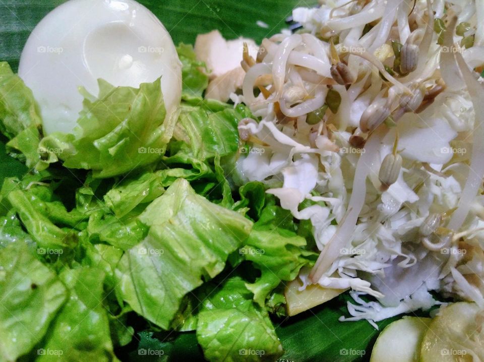 Gado-gado traditional food from Indonesia consisting of eggs, fresh salad leaves, fried tofu sprouts and lonthong with peanut sauce