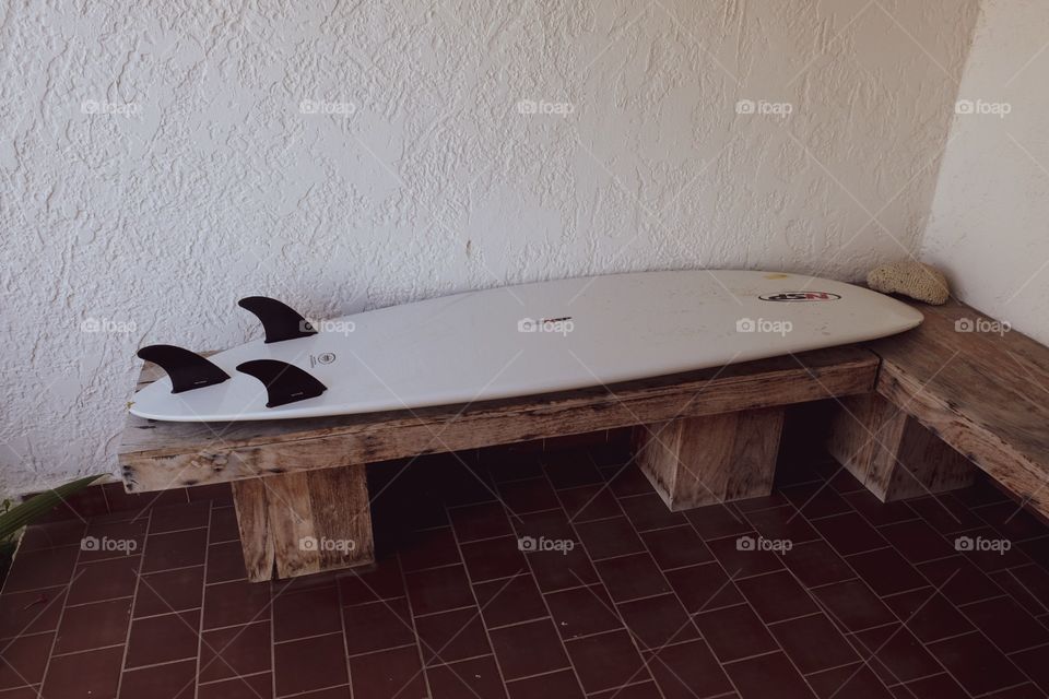 Favorite Spot At Home, Surfboard On A Bench On The Front Porch