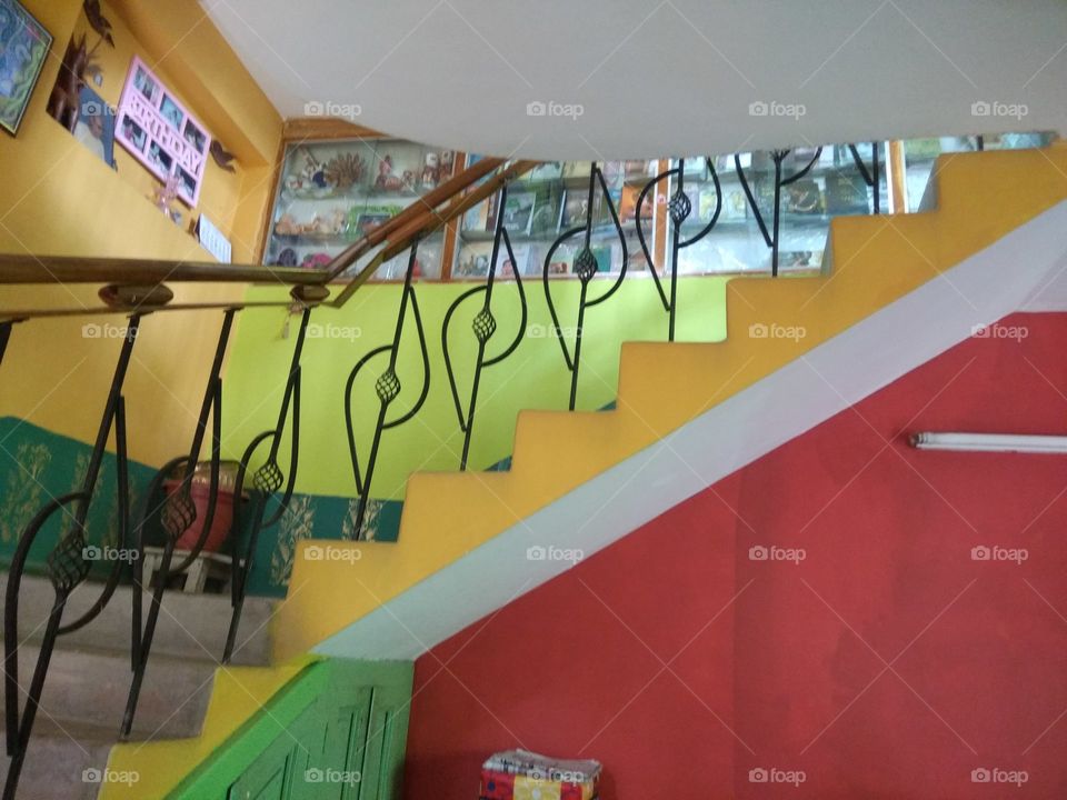 indoor staircase, full of colour, decoration