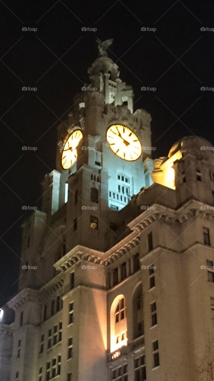 Liverbirds at night. The Liver birds are said to protect the famous city of Liverpool by looking over it 