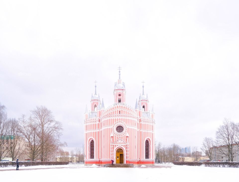 Chesme church, a pink ginger bread church in St. Petersburg, Russia, in a snowy day, Winter.