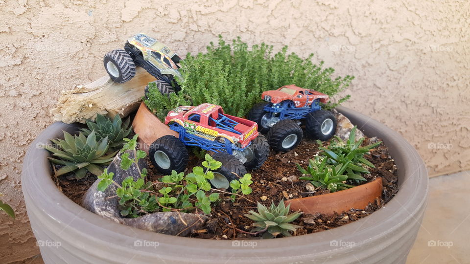 Creative planter with toy trucks 